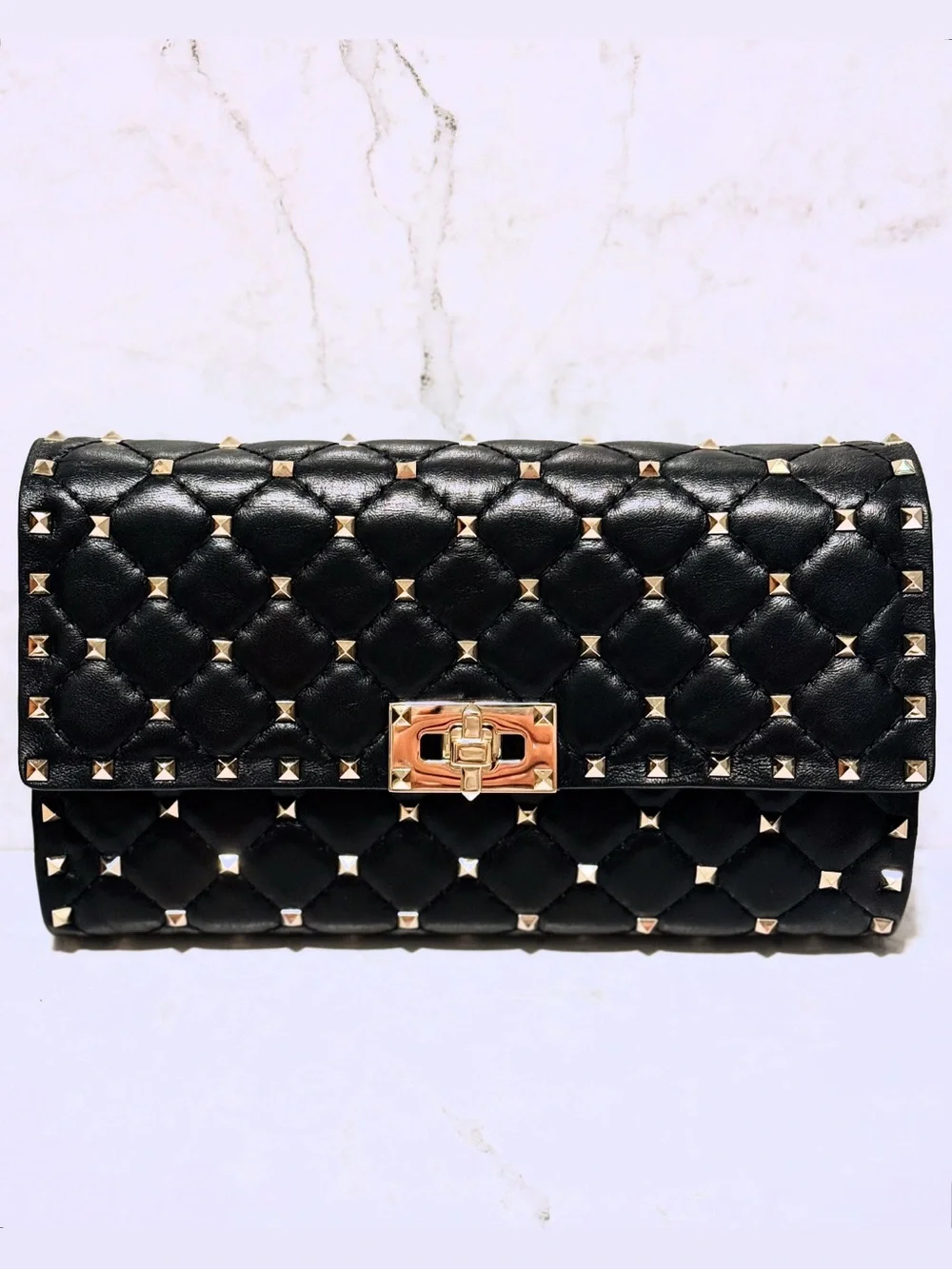 Valentino Garavani Black Quilted Studded Clutch - chain with Gold Hardware